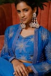 Midushi Bajoria_Blue Jacket Organza Embroidery Floral Pattern And Draped Skirt Set _at_Aza_Fashions