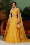 Buy_Midushi Bajoria_Yellow Lehenga Organza Embroidery Sequin V Neck Blouse Set _at_Aza_Fashions