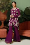 Buy_Midushi Bajoria_Purple Georgette Hand Embellished Pearls V Neck Peplum Kurta And Palazzo Set _at_Aza_Fashions