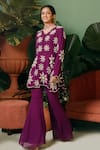 Shop_Midushi Bajoria_Purple Georgette Hand Embellished Pearls V Neck Peplum Kurta And Palazzo Set _at_Aza_Fashions