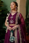 Shop_Midushi Bajoria_Purple Organza Hand Embellished Pearls V Neck Blouse Lehenga Set _Online_at_Aza_Fashions