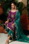 Shop_Midushi Bajoria_Purple Silk Chanderi Hand Embellished Pearls Round Kurta Pant Set _at_Aza_Fashions