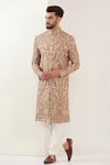 Buy_Kasbah_Beige Georgette Sequins Jamawar Embroidered Sherwani_at_Aza_Fashions