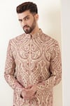Kasbah_Beige Georgette Sequins Jamawar Embroidered Sherwani_at_Aza_Fashions