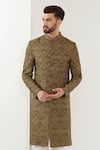 Kasbah_Beige Silk Embroidery Thread Work Sherwani _Online_at_Aza_Fashions