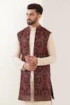 Kasbah_Wine Georgette Kashmiri Work Long Jacket_Online_at_Aza_Fashions