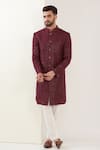 Shop_Kasbah_Maroon Silk Embroidered Sequin Thread And Work Sherwani Set _Online_at_Aza_Fashions