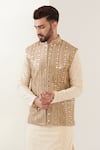 Kasbah_Gold Georgette Embroidered Mirror Work Nehru Jacket _Online_at_Aza_Fashions