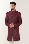 Kasbah_Maroon Silk Sequins, Embroidery Sherwani With Pant _Online_at_Aza_Fashions