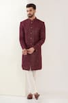 Shop_Kasbah_Maroon Silk Sequins, Embroidery Sherwani With Pant _Online_at_Aza_Fashions