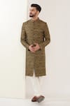 Buy_Kasbah_Beige Silk Embroidered Thread Work Sherwani Set _at_Aza_Fashions