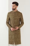 Kasbah_Beige Silk Embroidered Thread Work Sherwani Set _Online_at_Aza_Fashions