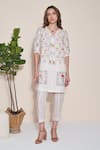Buy_Pozruh By Aiman_White Hemp Embroidery Collared Magpie Printed Tunic And Trouser Set _at_Aza_Fashions