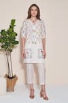 Shop_Pozruh By Aiman_White Hemp Embroidery Collared Magpie Printed Tunic And Trouser Set _Online_at_Aza_Fashions