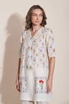 Pozruh By Aiman_White Hemp Embroidery Collared Magpie Printed Tunic And Trouser Set _at_Aza_Fashions