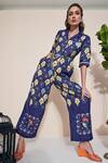 Shop Pozruh By Aiman Blue Hemp Collared Moxie Printed Jumpsuit at Aza Fashions Shop_Pozruh By Aiman_Blue Hemp Collared Moxie Printed Jumpsuit _at_Aza_Fashions
