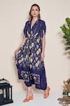 Shop_Pozruh By Aiman_Blue Silk V-neck Moxie Printed Hemp Kaftan _Online_at_Aza_Fashions