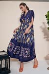 Pozruh By Aiman_Blue Silk V-neck Moxie Printed Hemp Kaftan _at_Aza_Fashions