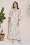 Buy_POZRUH_Ivory Hemp Embroidery Square Neck Adelie Floral Print Maxi Dress _at_Aza_Fashions