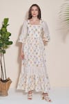 Buy_POZRUH_Ivory Hemp Embroidery Square Neck Adelie Floral Print Maxi Dress _Online_at_Aza_Fashions
