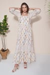 POZRUH_Ivory Hemp Embroidery Square Neck Adelie Floral Print Maxi Dress _at_Aza_Fashions