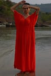Buy_Twinkle Hanspal_Orange Crepe V-neck Lexi Flared Solid Kaftan_at_Aza_Fashions