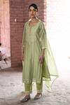 Buy_KARAJ JAIPUR_Green Kurta Chanderi Embroidered Chikankari Thread Round Neck Nargis Set _at_Aza_Fashions