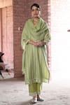 KARAJ JAIPUR_Green Kurta Chanderi Embroidered Chikankari Thread Round Neck Nargis Set _at_Aza_Fashions