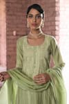 Shop_KARAJ JAIPUR_Green Kurta Chanderi Embroidered Chikankari Thread Round Neck Nargis Set _at_Aza_Fashions