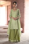 Buy_KARAJ JAIPUR_Green Kurta Chanderi Embroidered Chikankari Thread Notched Zara Work Set _at_Aza_Fashions