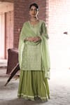 Buy_KARAJ JAIPUR_Green Kurta Chanderi Embroidered Chikankari Thread Notched Zara Work Set _Online_at_Aza_Fashions