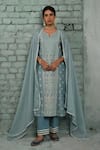 Buy_KARAJ JAIPUR_Blue Kurta Chanderi Embroidered Chikankari Thread Notched Zara Work Set _at_Aza_Fashions