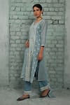 Buy_KARAJ JAIPUR_Blue Kurta Chanderi Embroidered Chikankari Thread Notched Zara Work Set _Online_at_Aza_Fashions