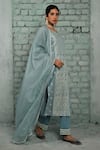 Shop_KARAJ JAIPUR_Blue Kurta Chanderi Embroidered Chikankari Thread Notched Zara Work Set _Online_at_Aza_Fashions