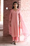 Buy_KARAJ JAIPUR_Pink Kurta Chanderi Embroidered Chikankari Thread Notched Hoor Work Set _at_Aza_Fashions