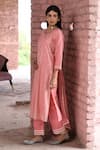 Shop_KARAJ JAIPUR_Pink Kurta Chanderi Embroidered Chikankari Thread Notched Hoor Work Set _Online_at_Aza_Fashions