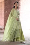 Shop_KARAJ JAIPUR_Green Kurta Chanderi Embroidered Chikankari Thread Round Neck Hoor Work Set _Online_at_Aza_Fashions