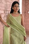 Shop_KARAJ JAIPUR_Green Kurta Chanderi Embroidered Chikankari Thread Round Neck Hoor Work Set _at_Aza_Fashions