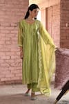 Buy_KARAJ JAIPUR_Green Chanderi Embroidered And Printed Chikankari Thread Notched Round Kurta Set _Online_at_Aza_Fashions