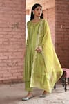 Shop_KARAJ JAIPUR_Green Chanderi Embroidered And Printed Chikankari Thread Notched Round Kurta Set _Online_at_Aza_Fashions