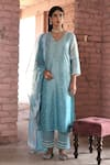 Buy_KARAJ JAIPUR_Blue Chanderi Embroidered Chikankari Thread V Neck Kurta Set _at_Aza_Fashions