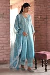 Shop_KARAJ JAIPUR_Blue Chanderi Embroidered Chikankari Thread V Neck Kurta Set _Online_at_Aza_Fashions