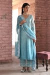 KARAJ JAIPUR_Blue Chanderi Embroidered Chikankari Thread V Neck Kurta Set _at_Aza_Fashions