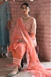 KARAJ JAIPUR_Orange Chanderi Embroidered Chikankari Thread V Neck Ombre Kurta Set _at_Aza_Fashions