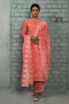 KARAJ JAIPUR_Peach Chanderi Embroidered Chikankari Thread Round Collar Work Kurta Set _Online_at_Aza_Fashions