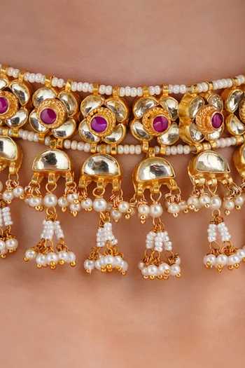 MAISARA JEWELRY_Pink Pearls, Stones, Beads Gold Polished Choker Set _Online_at_Aza_Fashions