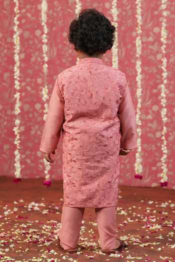 Shop_Cute Couture_Peach Muslin, Silk Embroidery Self Jacket Churidar Set _at_Aza_Fashions