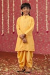 Buy_Cute Couture_Yellow Muslin, Silk Embroidery Front Button Sherwani Kurta And Balloon Pant Set _at_Aza_Fashions