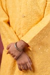 Shop_Cute Couture_Yellow Muslin, Silk Embroidery Front Button Sherwani Kurta And Balloon Pant Set _Online_at_Aza_Fashions