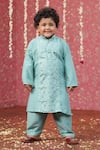 Buy_Cute Couture_Blue Muslin, Silk Embroidery Stand Collar Kurta And Pant Set _at_Aza_Fashions